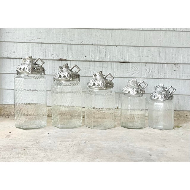 2002 Arthur Court “Grape” Glass & Aluminum Complete 5-Piece Canister Set Circa 2000s (2002). Features a hexagonal-shaped...