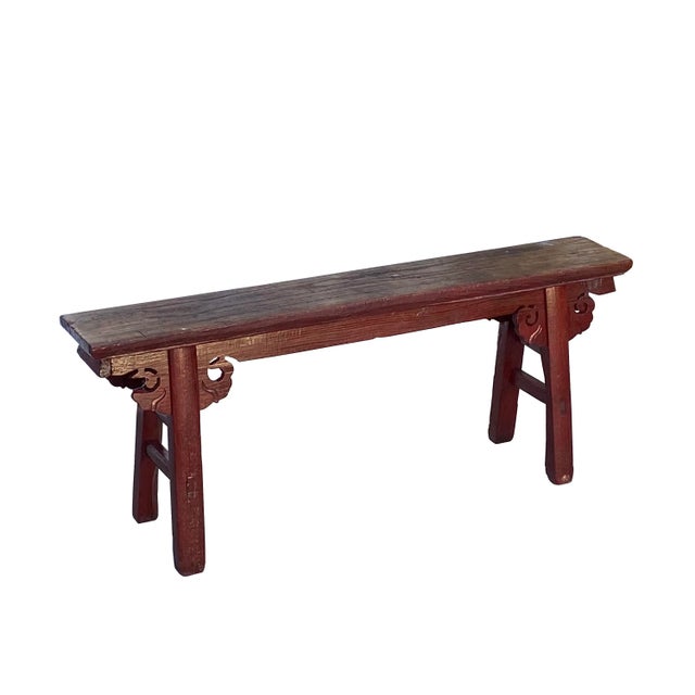This is a vintage restored Chinese old-style slim seat double seat wood bench. The surface has original wear-out marks and...