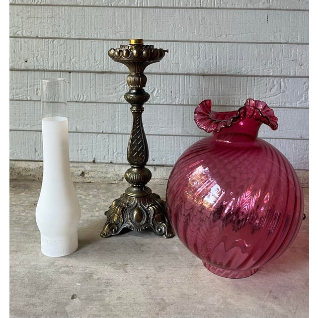 Pink Vintage Cranberry Pink Swirl Glass Tall Electric Victorian-Style Parlor Lamp For Sale - Image 8 of 12