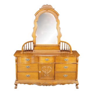 Late 20th Century Lexington Victorian Sampler Collection Oak 391 Spindle Mirror Dresser Chest For Sale