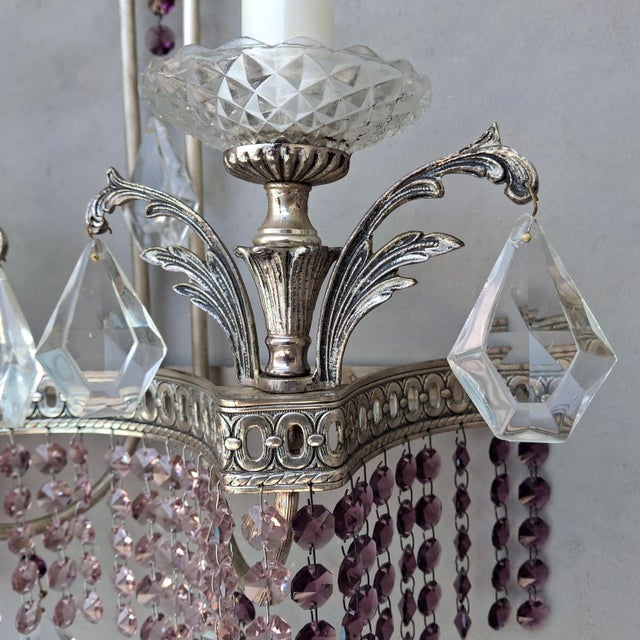 1940s 1940's Hollywood Regency Silvered Metal With Amethyst & Pink Cut Austrian Crystal Waterfall Wall Sconces a - Pair For Sale - Image 5 of 18