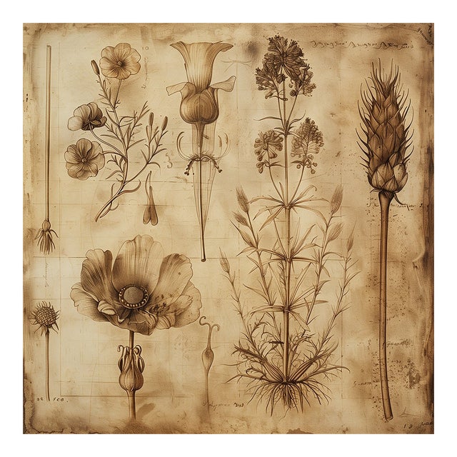 18' X 18' Original Botanical Floral Print in the Style of 16th Century - Monochrome Sepia Grisaille For Sale