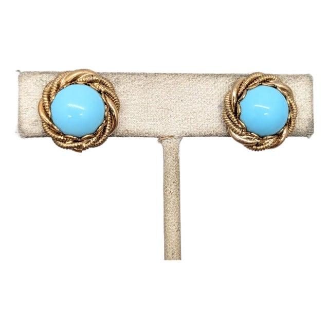 Vintage 1950s Signed Napier Goldtone Cabochon Faux-Turquoise Clip Earrings-2 Pieces For Sale