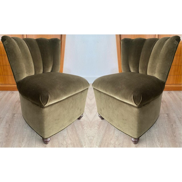Newly Upholstered Olive Green Velvet Channel Tufted Slipper Chairs, a