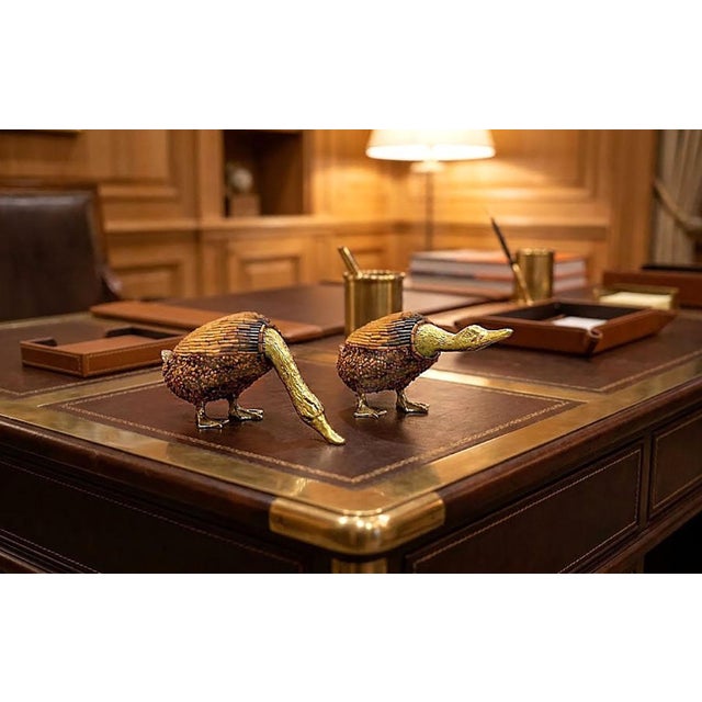Mid-Century Modern Sculpture Pair Rare 1970s Hand Made Italian Brass Ducks With African Bamboo Trading Beads by Tarzia Firenze Italy For Sale - Image 3 of 14