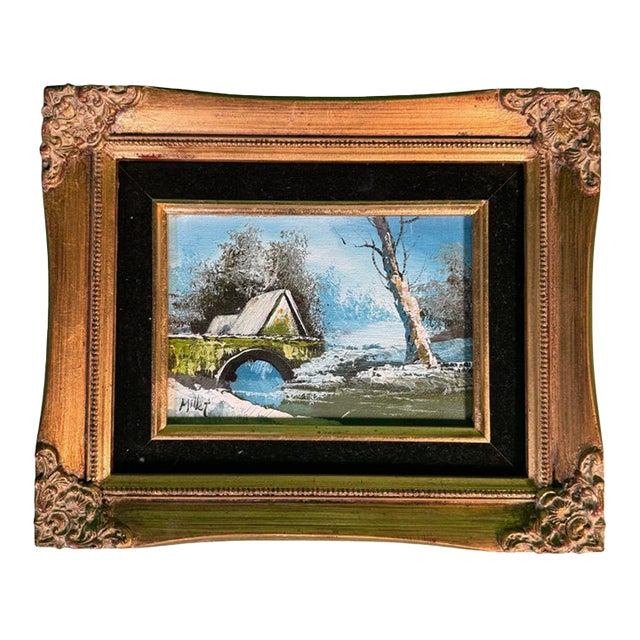 Small Winter Landscape Oil Painting, Stone Bridge and Birch, Signed, Framed For Sale