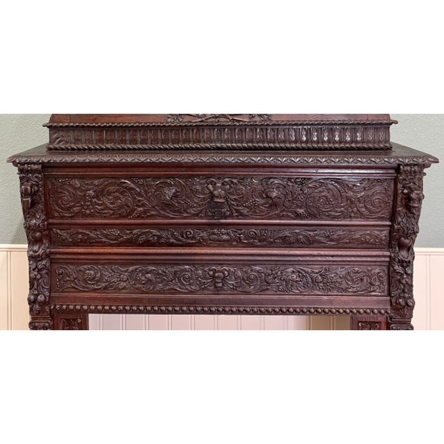 Antique French Fireplace Mantel Surround Renaissance Revival Carved Oak 19thC For Sale - Image 10 of 17