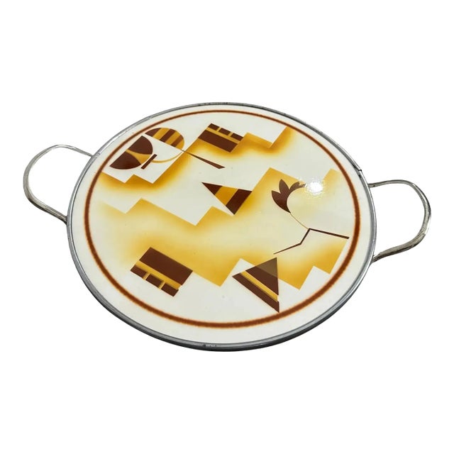 1930s Art Deco Bauhaus Air Brushed Ceramic and Silver Plate German Round Tray For Sale