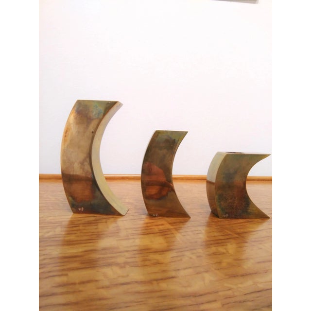 French Signed Suite of Three Solid Patinated Bronze Candle Holders, France, 1970s For Sale - Image 3 of 9