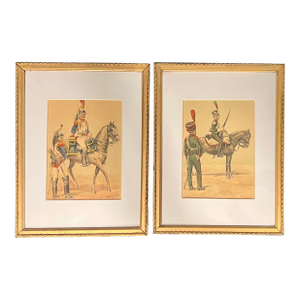Pair of 19th Century Napoleonic-Era Military Watercolors, Continental European Cavalry, Gilt Framed