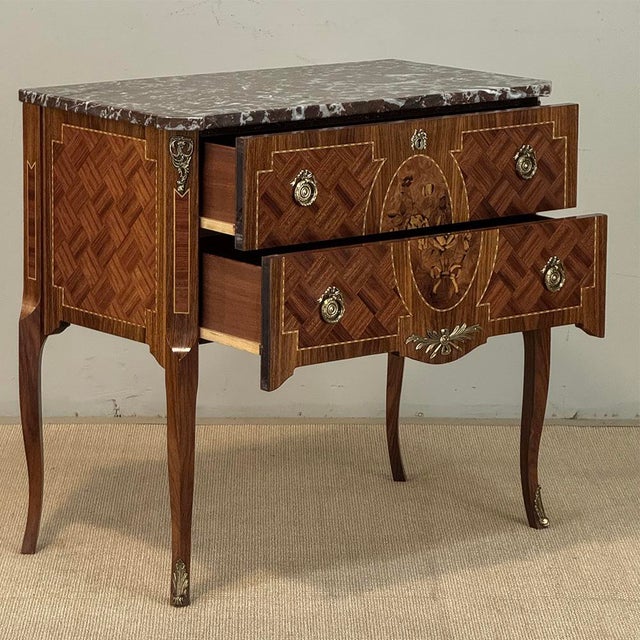 Antique French Louis XVI Style Marquetry Marble Top Commode For Sale - Image 15 of 18