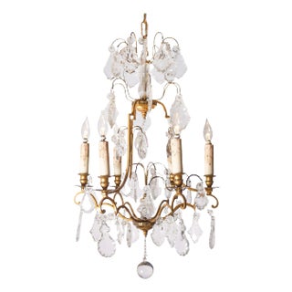 French Six-Light 1890s Crystal Chandelier with Brass Armature and Pendeloques For Sale