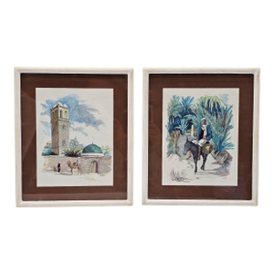 Pair of 1960s Moroccan Hand-Colored Prints Signed Kaloun | Desert Rider & Marrakesh Tower | Framed Mid-Century Global Décor