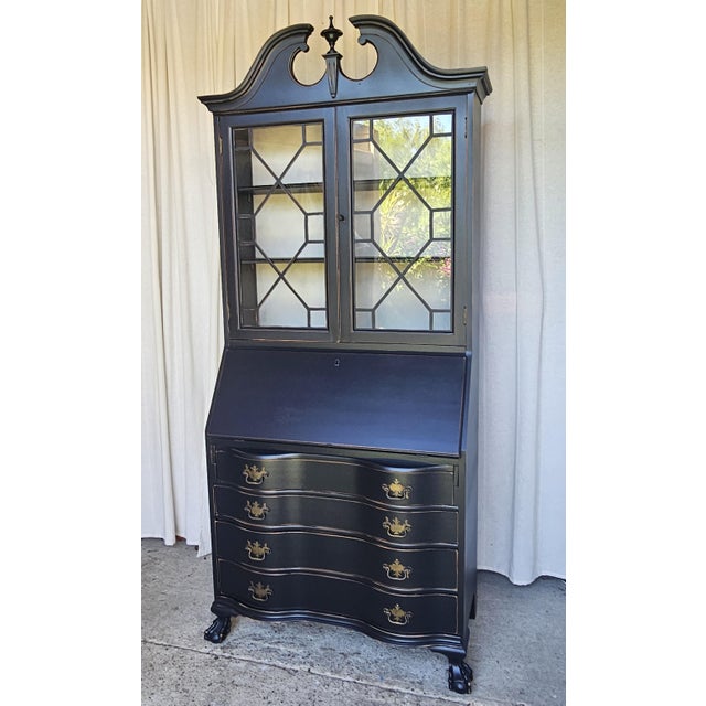 Wood Black Chippendale Style Secretary Desk/ Secretary Hutch, Circa 1940's For Sale - Image 7 of 16