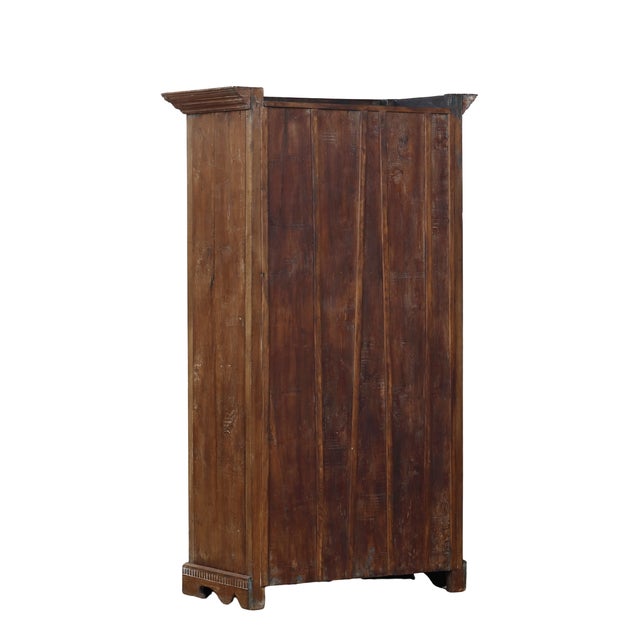 Wood Antique Indian Carved Teakwood, Marquetry, and Painted on Glass Panels Armoire For Sale - Image 7 of 7