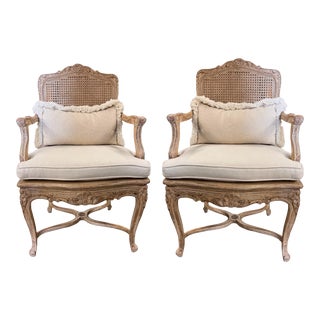 Pair of Louis XV Style Fauteuils W Caned Back and Seat For Sale