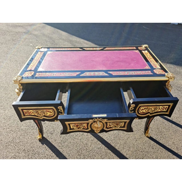 Boulle Style Writing Desk/ Table Bureau Plat French Style Marquetry Inlay With Burgundy Faux Leather on the Top. For Home and Office. For Sale - Image 11 of 12
