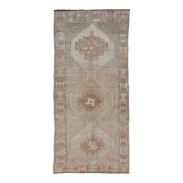 Vintage Turkish Kars Runner in Brown Color, Tan, Taupe and Soft Orange For Sale