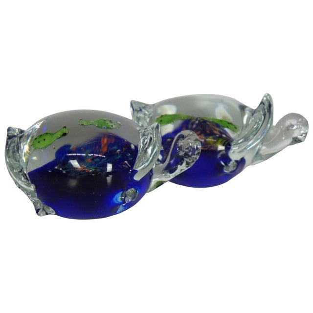 Pair of hand blown Italian art glass figurines / paperweights or hand chillers in the shape of sea turtles with a...