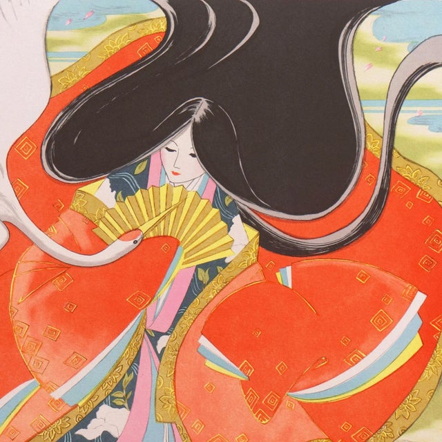 Paper 'Happy Tidings' by Miharu Lane, Geisha, Holding a Fan, Receives a White Crane, Silk Kimono For Sale - Image 7 of 10