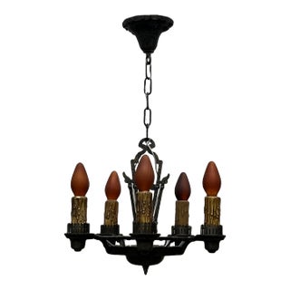 1920s Cast Iron Storybook Style 5 Light Chandelier With Original Finish For Sale