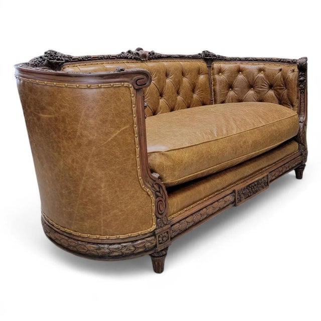 French Antique French Regency Mahogany Carved and Curved Sofa Newly Reupholstered in Leather For Sale - Image 3 of 8