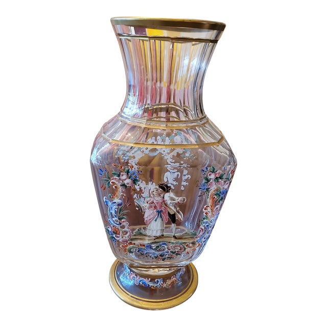 Antique J L Lobmeyr Enamel Crystal Vase Romantic Scene For Sale