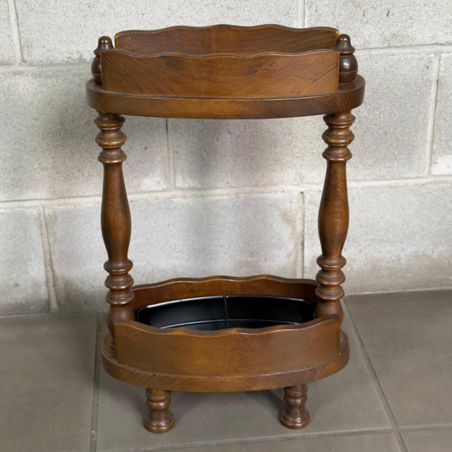 Vintage Wooden Umbrella Stand with Turned Columns and Metal Tray, 1960s For Sale - Image 11 of 11