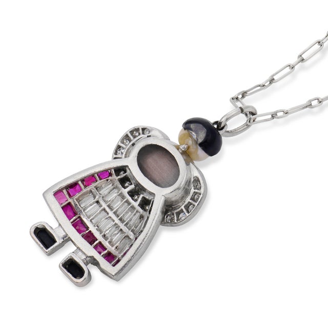 1930s Art Deco Diamond Ruby Star Sapphire Platinum Charm Necklace For Sale In Los Angeles - Image 6 of 7