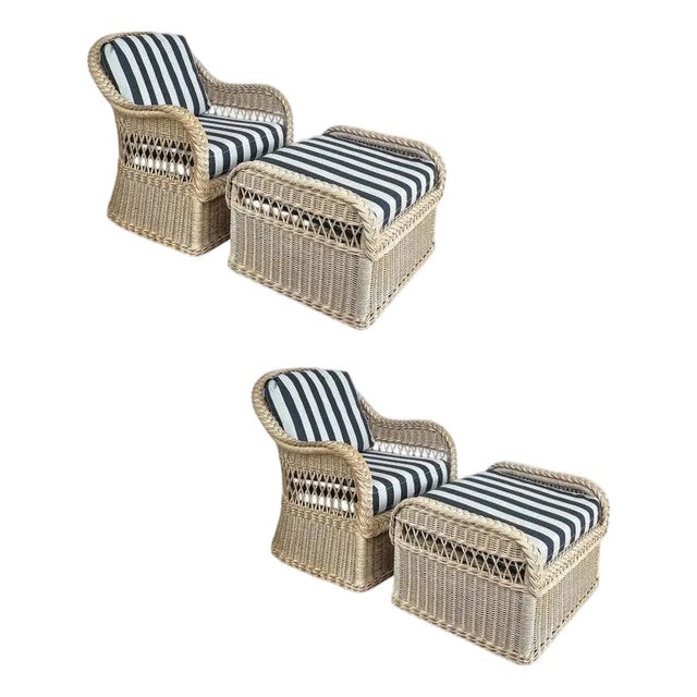 1970s Henry Link Rattan Lounge Chairs, Ottomans, New Sunbrella Upholstery, 2 Pairs For Sale