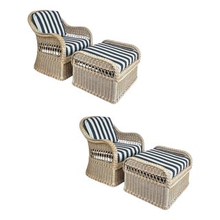 Henry Link Rattan Lounge Chairs, Ottomans, New Sunbrella Upholstery, 2 Pairs For Sale