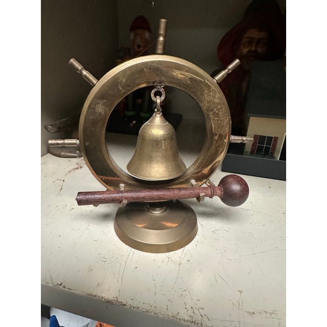 Vintage Ships Wheel Bell Made of Brass With Wooden Striker For Sale - Image 4 of 8