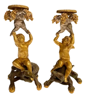 Late 19th Century Pair Of Exotic Gilt And Patinated Bronze Candle Sticks