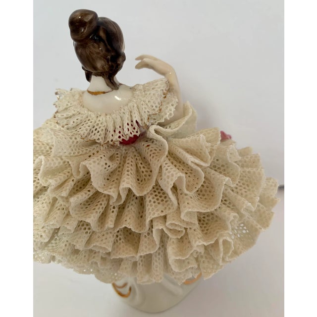 Vintage Dresden Rococo-Style Porcelain Figurine in a Lace Ball Gown, Circa 1955 by Germany’s Porzellanfabrik Al-Ka Kunst Alboth & Kaiser k.g. For Sale - Image 9 of 11