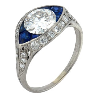 Early 20th Century Art Deco Inspired 1.25 Carat Diamond Sapphire Platinum Engagement Ring, Size 5.75 For Sale