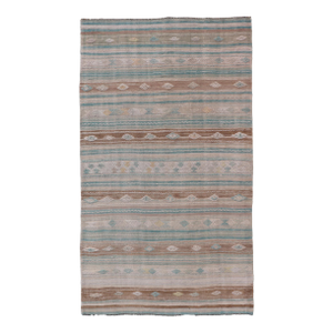 Striped Turkish Hand Woven Flat-Weave Kilim in Muted Colors and Tribal Motifs 5'2 X 9'8