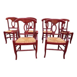 Pottery Barn Red Napoleon Style Rush Seat Dining Chairs. Set of 6 For Sale