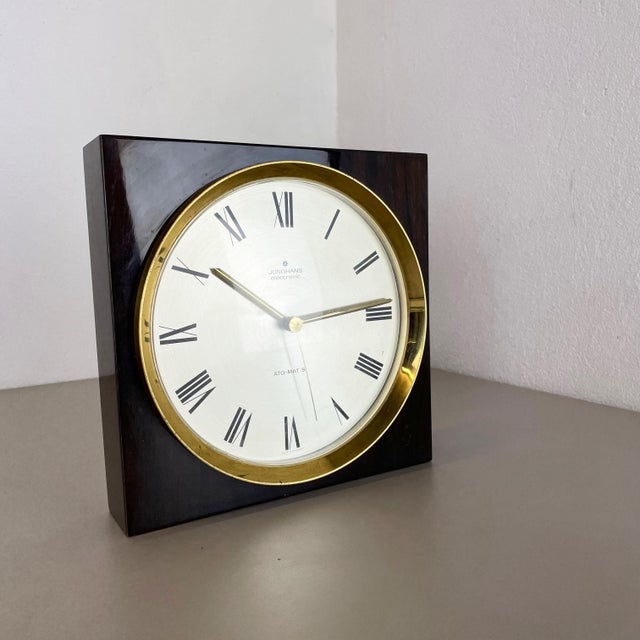 Modern Modernist Wood and Brass Table or Wall Clock attributed to Junghans, Germany, 1970s For Sale - Image 3 of 18
