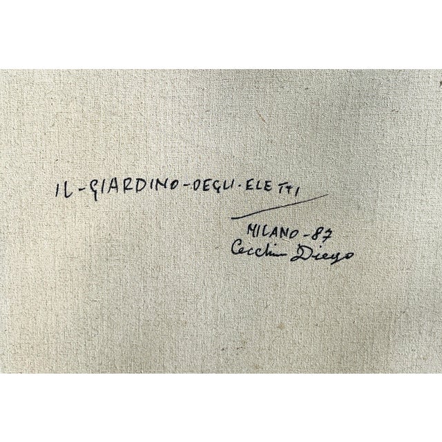 Wood Vintage Italian Futuristic Surrealist Painting "Il Giardino-Degli Eletti" by Diego Cecchin (1987) For Sale - Image 7 of 11