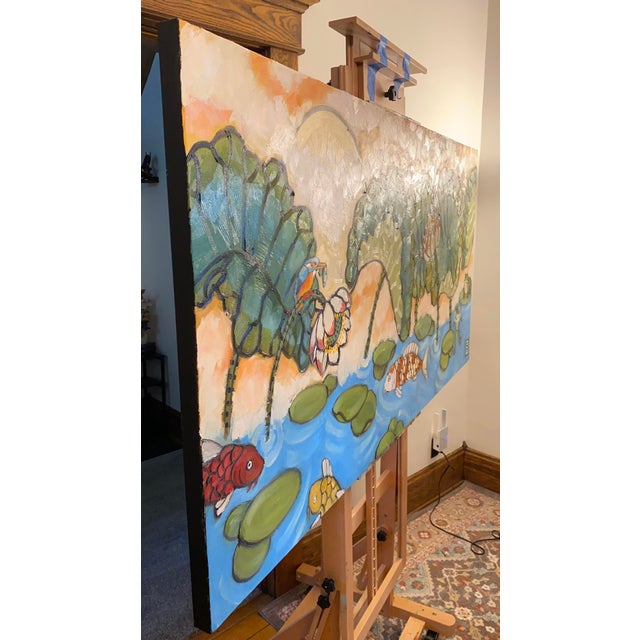 Textile Day at the Lotus Pond Original Oil Painting Stephen McDonough For Sale - Image 7 of 7