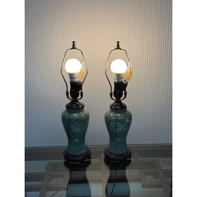 Chinese Mid 20th Century Chinese Jade Glazed Porcelain Table Lamps, Pair For Sale - Image 3 of 10