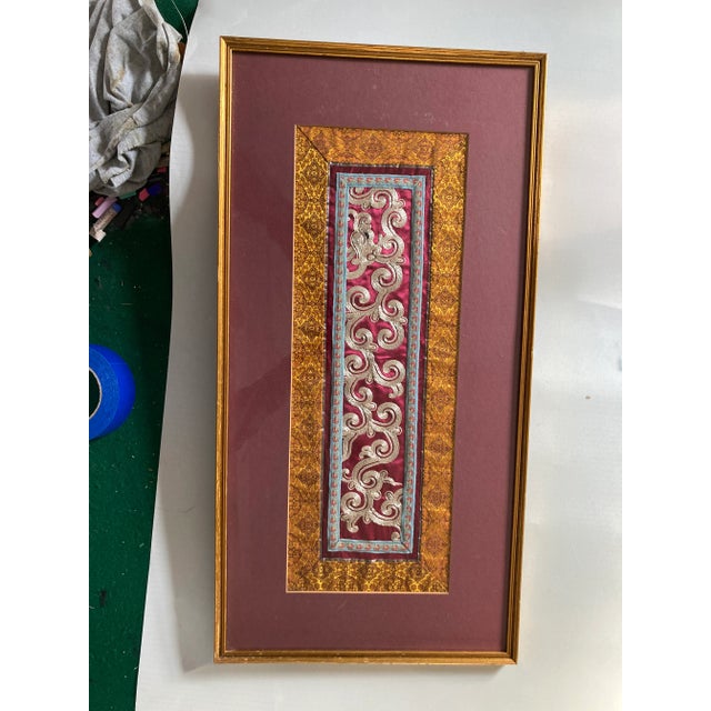 Vintage "Textile Art "over silk fabric silver embroidery, floral etched , costume glass framed , in excellent condition....