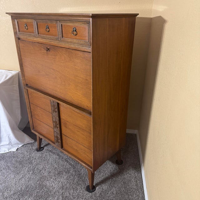 Mid-Century Modern Vintage 1960s Bassett Mayan Walnut Secretary Desk Highboy For Sale - Image 3 of 11