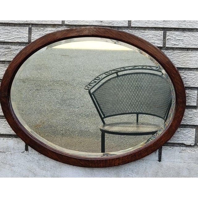 Brown 19th Century Victorian Oval Oak Wall Mirror Beveled Edge Antique Glass For Sale - Image 8 of 11