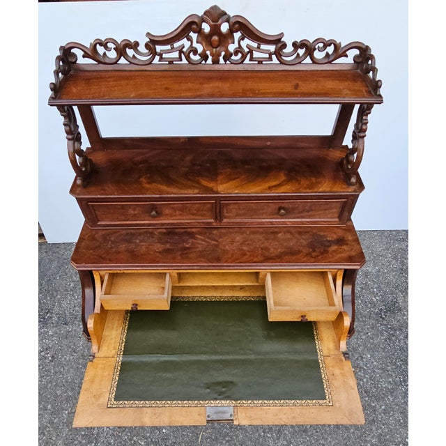 Regency Style Crotch Mahogany and Tooled Leather Two Part Lady's Writing Desk For Sale - Image 12 of 12