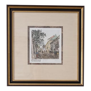 Franz Xavier Wolf 1940s Architectural Color Etching, Framed For Sale
