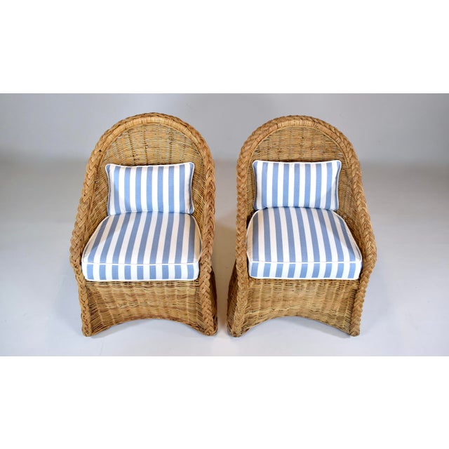 1970s Coastal Braided Wicker Rattan Chairs After Michael Taylor Blue & White Stripes Upholstery For Sale - Image 5 of 13