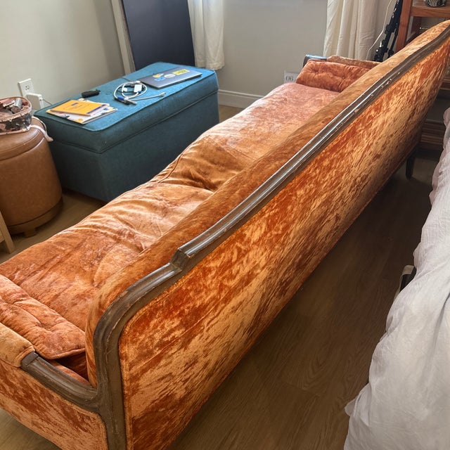 French Provincial Vintage French Provincial Sofa in Rich Copper Crushed Velvet With Carved Wood Details and Cabriole Legs. Elegant, Warm, and Timeless. For Sale - Image 3 of 12