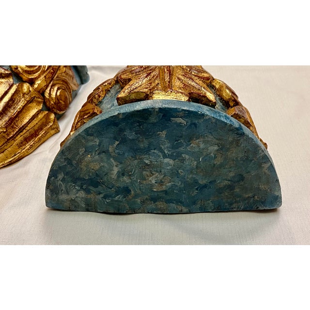 Wood Stunning Vintage Carved Parcel Gilt Wood and Faux Marble Wall Brackets Newly Painted - A Pair For Sale - Image 7 of 9