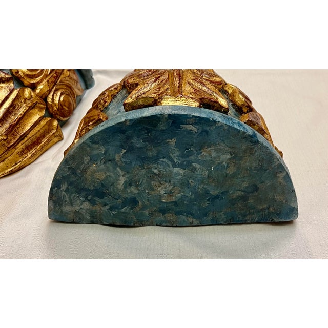 Wood Vintage Italianate Style Parcel Hand Gilt Wood and Faux Marble Wall Brackets Newly Painted - A Pair For Sale - Image 7 of 9